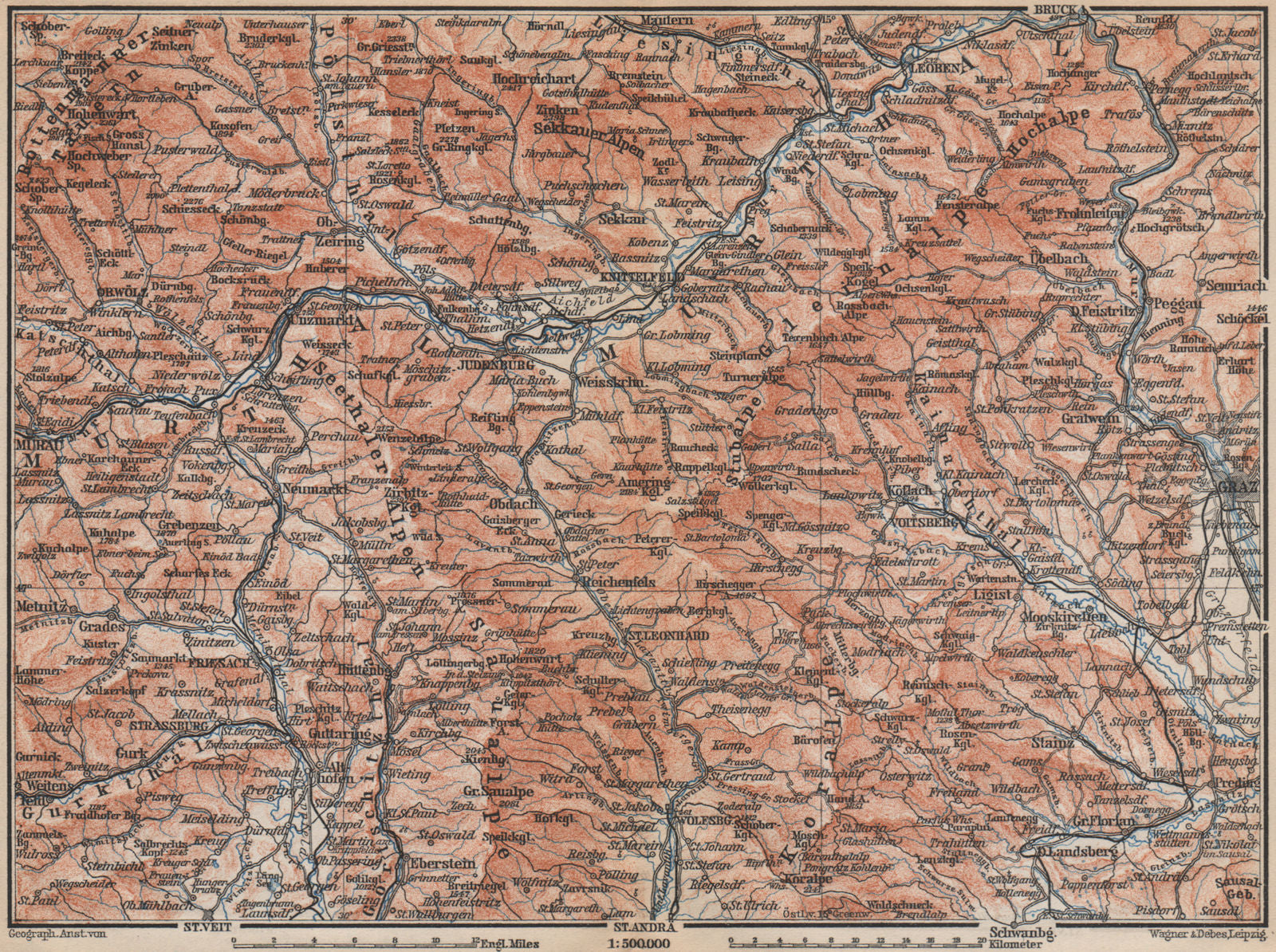 STYRIAN & CARINTHIAN ALPS. Murau Graz Murtal Leoben Wolfsburg. Austria 1899 map